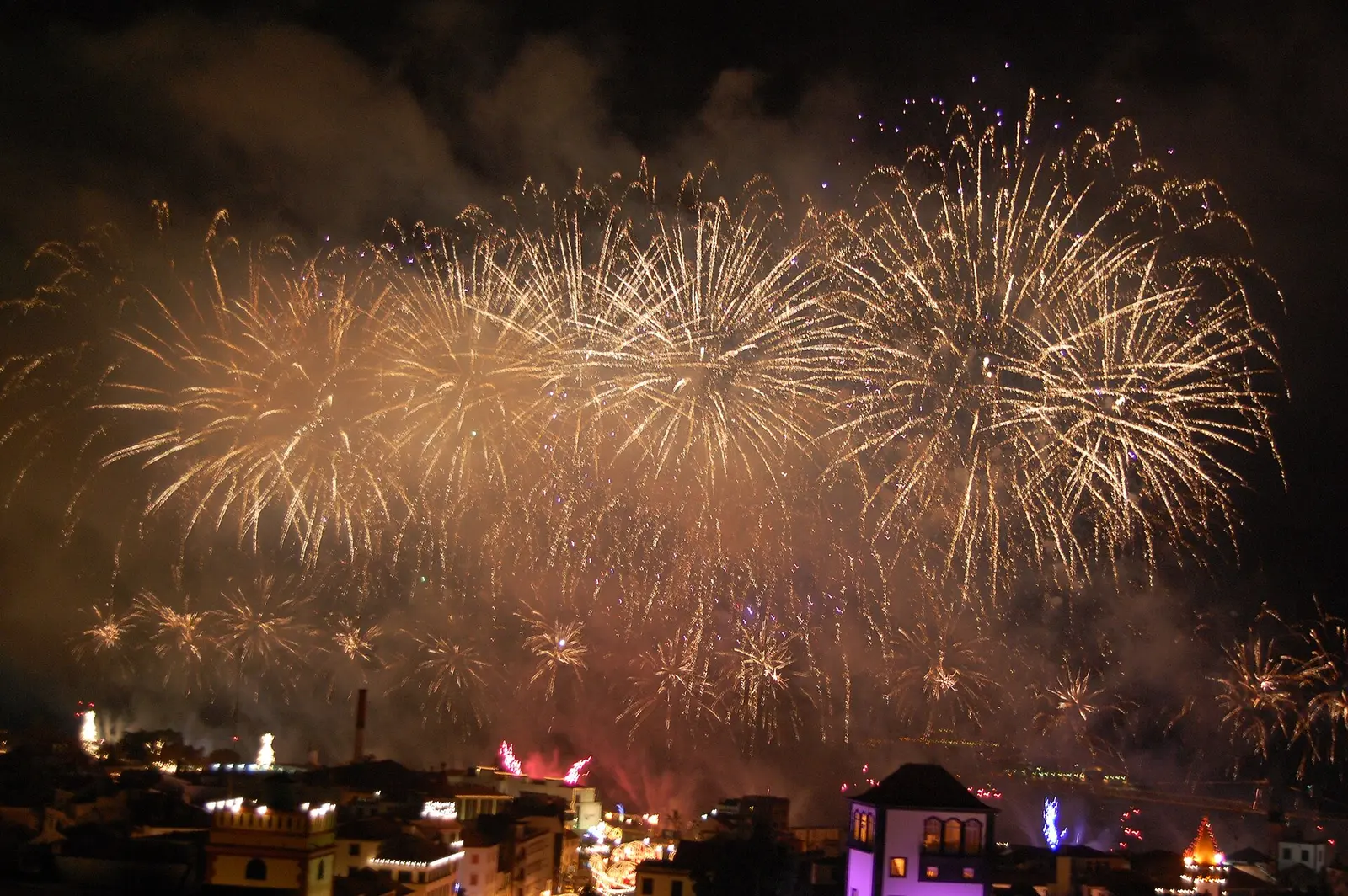 New Year fireworks bursting above the rooftops of Funchal at night