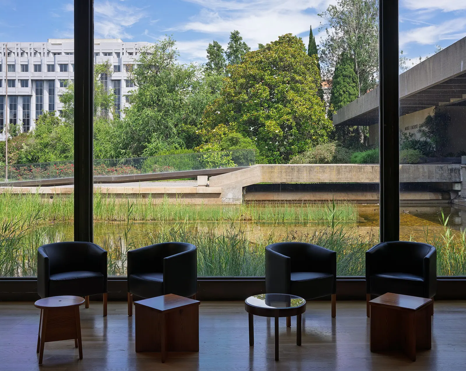 Lounge seating at the Calouste Gulbenkian Museum looking out over the pond and garden